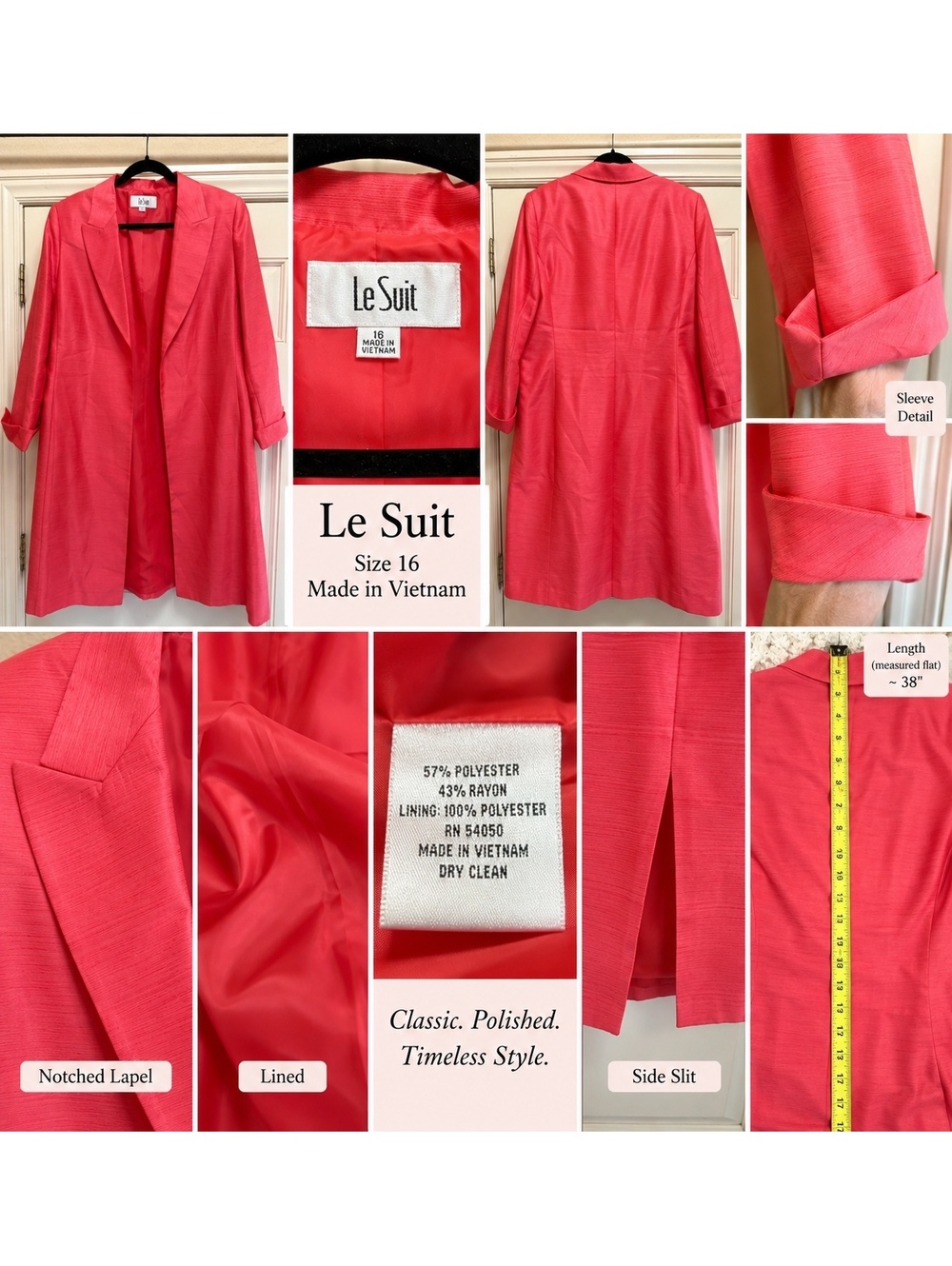 Le Suit Coral Pink Longline Blazer Jacket Women’s Size 16